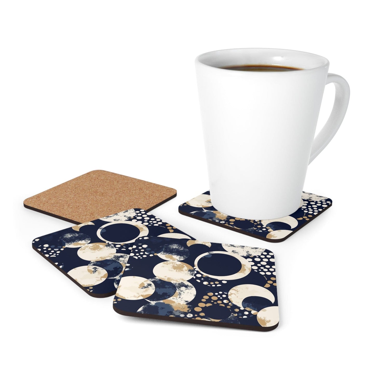 Coaster Set of 4 for Drinks Navy Blue and Beige Spotted Illustration-4