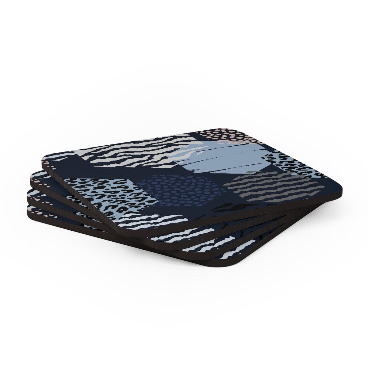 Home Decor - Coaster Set - 4 Piece Home/office - Blue Grey White Hexagon Print-3