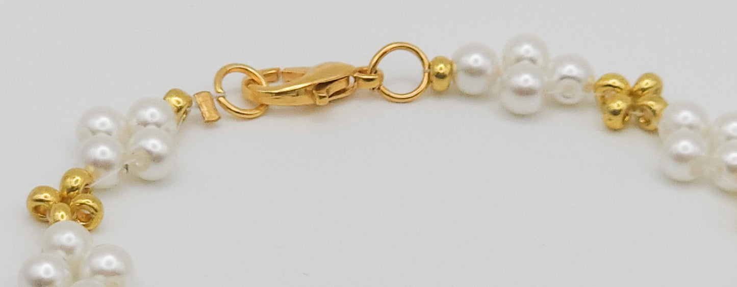 Elegant Gold and Pearl-Colored Plated Glass Beaded Bracelet