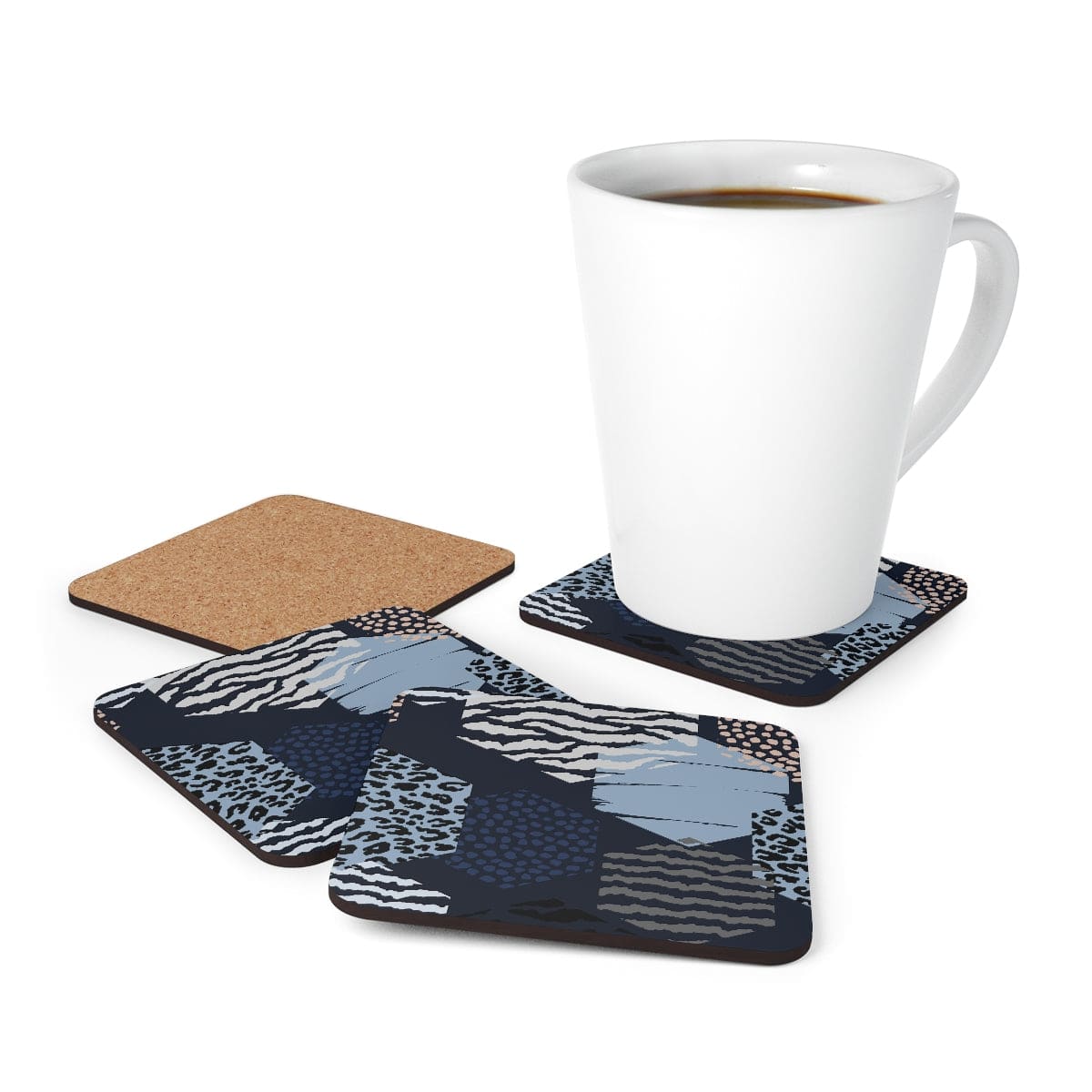 Home Decor - Coaster Set - 4 Piece Home/office - Blue Grey White Hexagon Print-4