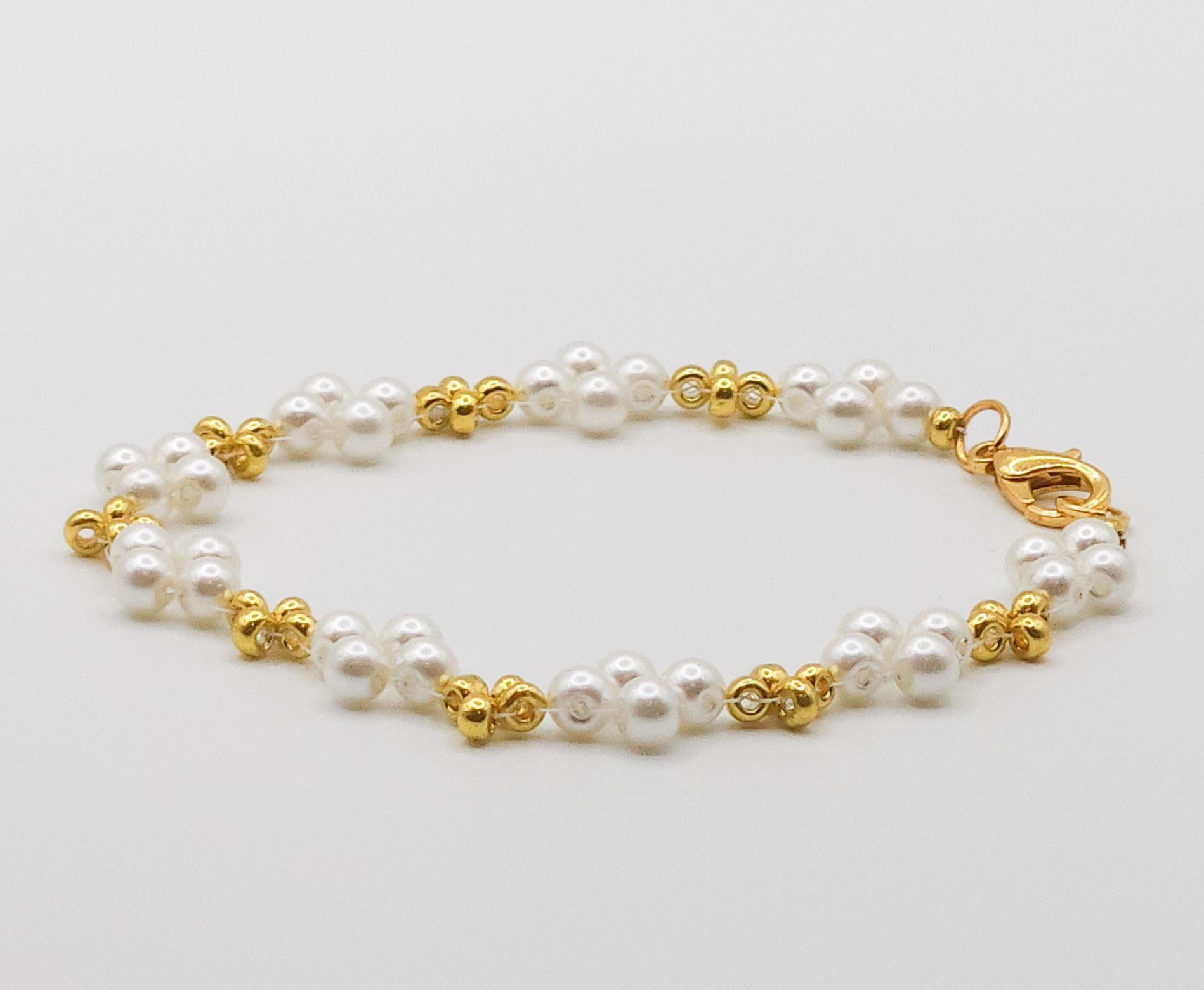 Elegant Gold and Pearl-Colored Plated Glass Beaded Bracelet