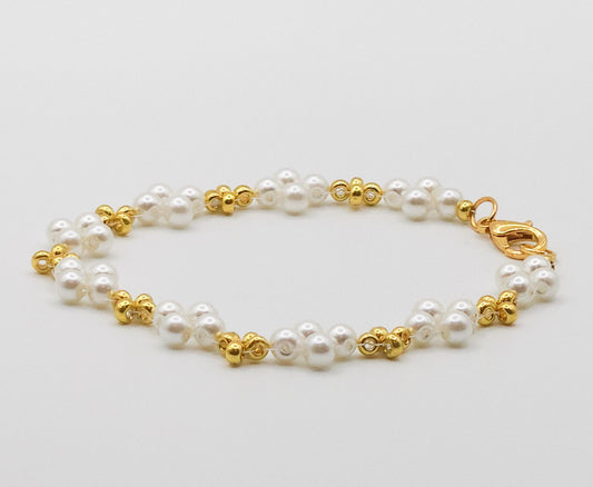 Elegant Gold and Pearl-Colored Plated Glass Beaded Bracelet
