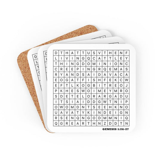 Corkwood Coaster Set - 4 Pieces / Genesis 1:26-27 Graphic Print-0